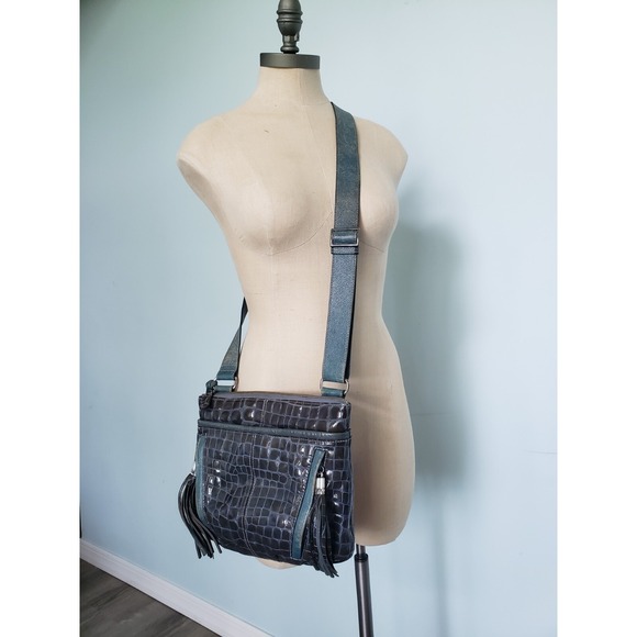 Brighton Leather Purse Crossbody Blue Patent Embossed Crocodile Bag Charm Tassel - Picture 6 of 13